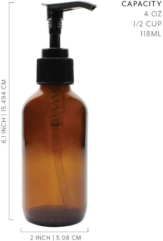 Photo 3 of Cornucopia 4oz Amber Glass Pump Bottles (4-Pack); Great for Lotions, Liquid Soap, Aromatherapy and More