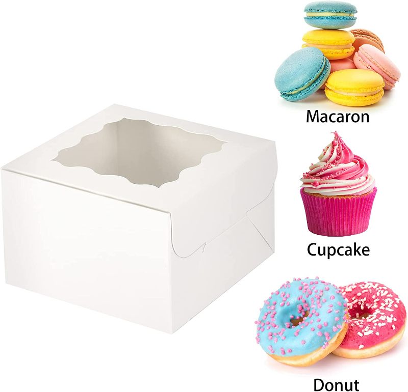 Photo 2 of  50pcs 4x4x2.5 Inches White Bakery Boxes with Window, Cookie Boxes, Mini Cake Boxes, Dessert, Pastry, Small Treat Boxes
