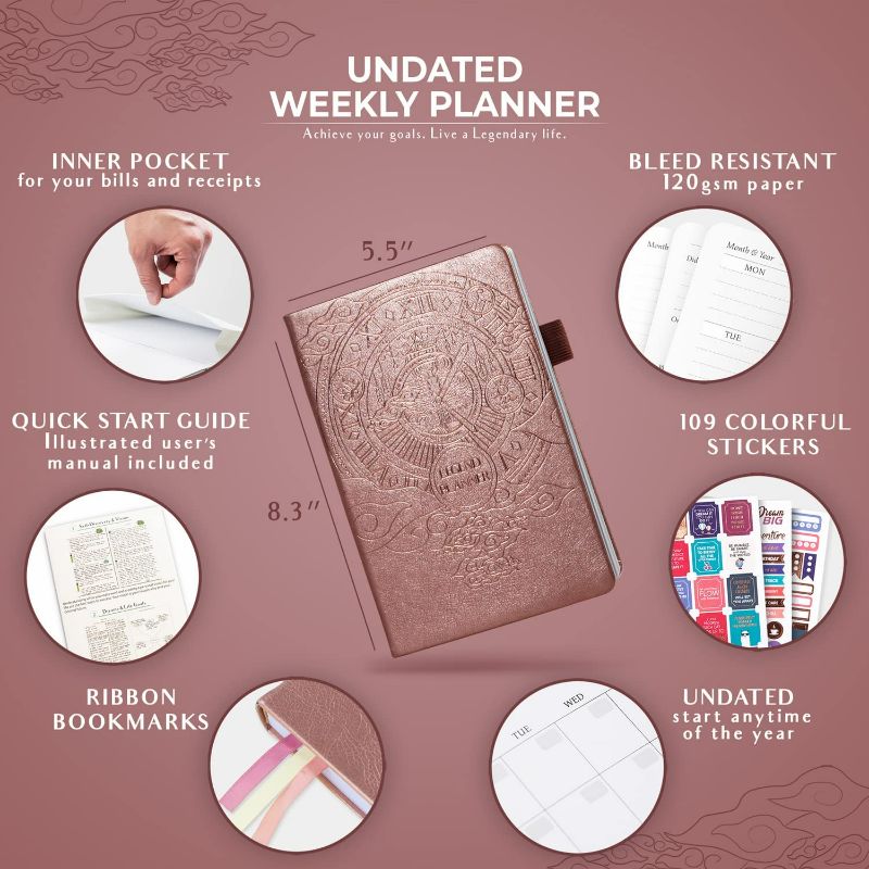 Photo 2 of Legend Planner – Deluxe Weekly & Monthly Life Planner to Hit Your Goals & Live Happier. Organizer Notebook & Productivity Journal. A5 Hardcover, Undated – Start Any Time + Stickers – Rose Gold Gold
