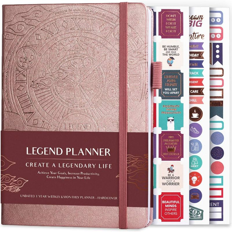 Photo 1 of Legend Planner – Deluxe Weekly & Monthly Life Planner to Hit Your Goals & Live Happier. Organizer Notebook & Productivity Journal. A5 Hardcover, Undated – Start Any Time + Stickers – Rose Gold Gold
