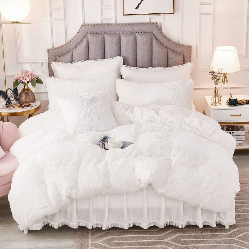 Photo 2 of JAUXIO Luxury Long Faux Fur 2 PCS Bedding Set Shaggy Comforter Duvet Cover with Pillow Sham Ultra Soft Crystal Velvet Reverse (Twin, White)
