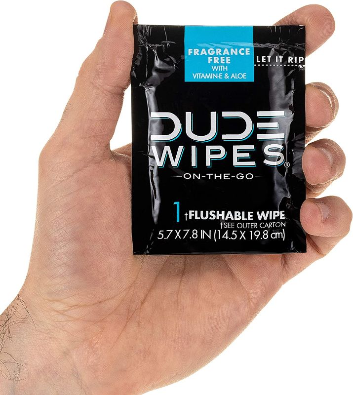 Photo 2 of DUDE Wipes On-The-Go Flushable Wet Wipes - 1 Pack, 30 Wipes - Unscented Extra-Large Individually Wrapped Wipes with Vitamin E & Aloe - Septic and Sewer Safe