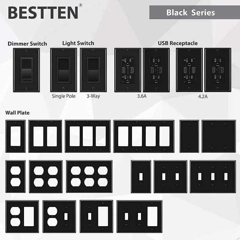 Photo 4 of [4 Pack] BESTTEN 2-per pack, Gang Black Wall Plate, Decor Outlet Cover, Standard Size, H4.53” x W4.57”, Unbreakable Polycarbonate Decorator Switch Plate, BLACK
