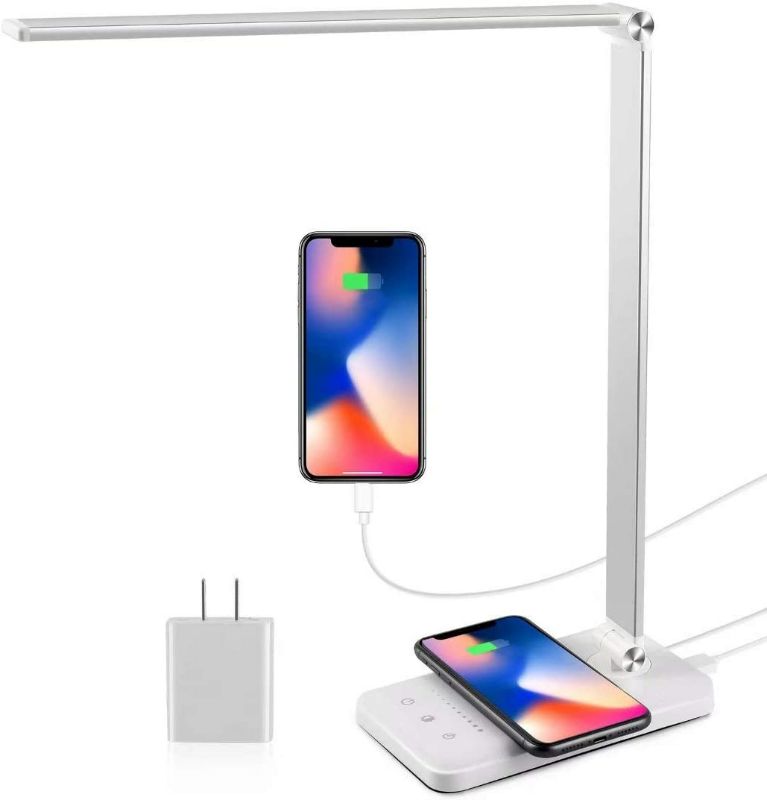 Photo 1 of EASTAR LED Desk Lamp with USB Charging Port, Wireless Charger, College Dorm Room Essentials, Modern Eye-Caring Desk Lamps for Home Office,5 Lighting Modes, Bright Desk Light with Timer, Silver-White
