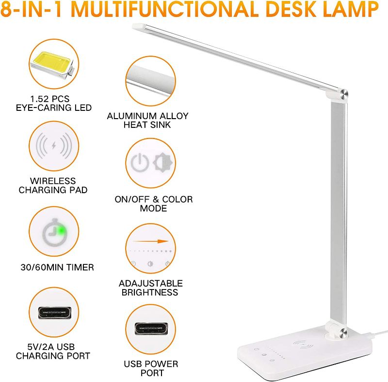 Photo 2 of EASTAR LED Desk Lamp with USB Charging Port, Wireless Charger, College Dorm Room Essentials, Modern Eye-Caring Desk Lamps for Home Office,5 Lighting Modes, Bright Desk Light with Timer, Silver-White
