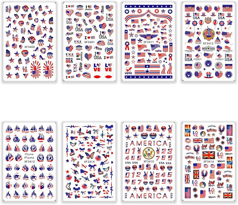 Photo 3 of Mongtaydep, 8 Sheets American Independence Day Patriotic Self-Adhesive Decorative Stickers Nail Art Sticker for Nail Art Mobile Phone Notebooks etc Decorations - 2Pack
