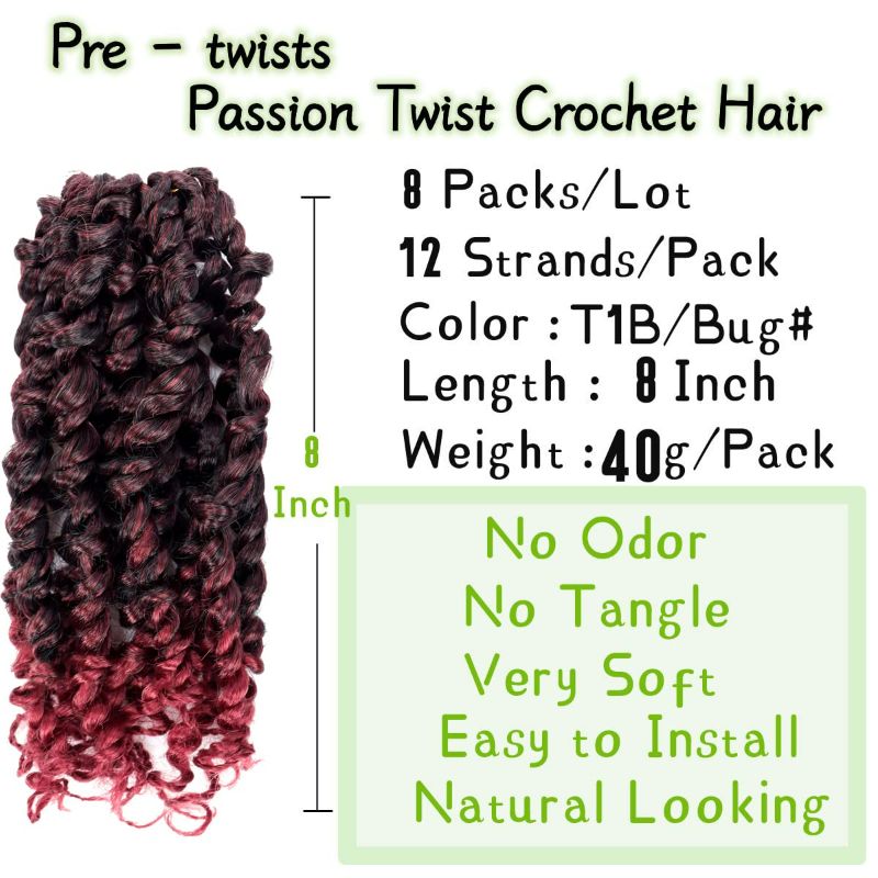 Photo 4 of 8 Inch Spring Twist Hair, 8 Packs Pretwisted SpringTwist Crochet Hair, Prelooped Crochet Braids Passion Twists Braiding Hair Extensions 