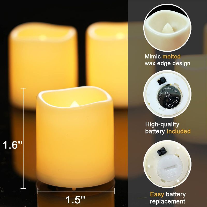 Photo 2 of Homemory 12Pack Flickering Flameless Votive Candles, 200+Hour Electric Fake Candles, Battery Operated LED Tealight for Wedding, Outdoor, Table, Festival (Warm White,Battery Included)
