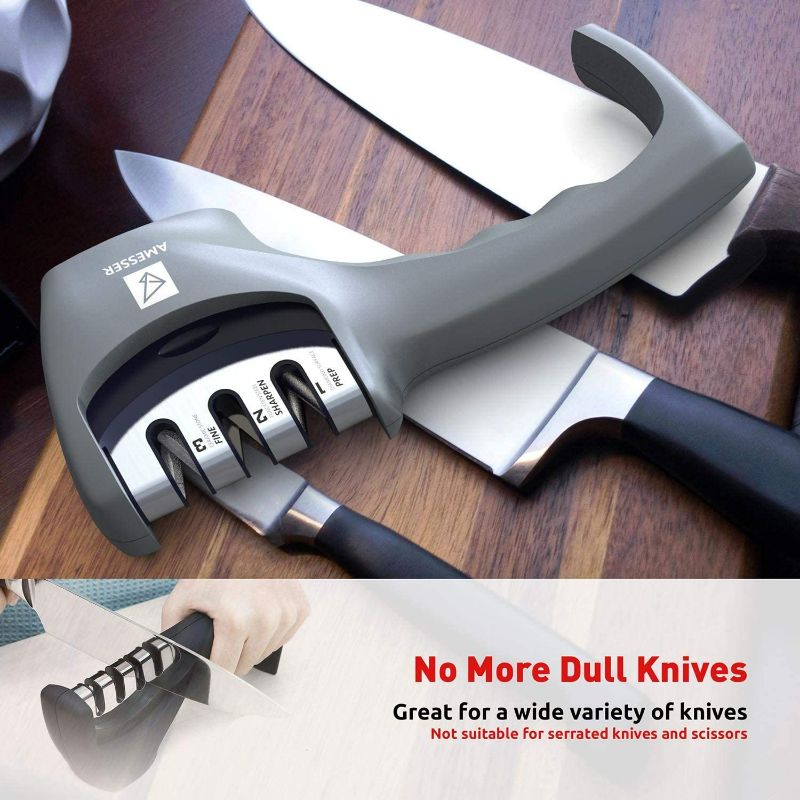 Photo 5 of Kitchen Knife Sharpener - 3 Stage Knife Sharpening Tool Sharpens Chef's Knives - Kitchen Accessories Help Repair, Restore and Polish Blades Quickly, Food Safety Cut Resistant Glove Included, Gray
