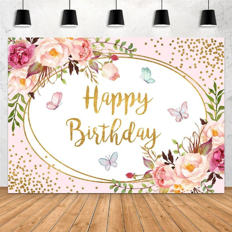 Photo 1 of Aperturee 7x5ft Pink Floral Butterfly Happy Birthday Backdrop Women Girls Watercolor Flower Golden Dots Baby Photography BackgroundParty Decoration Banner Photo Booth Studio Props Supplies Cake Table - ACTUAL DESIGN MAY VARY
