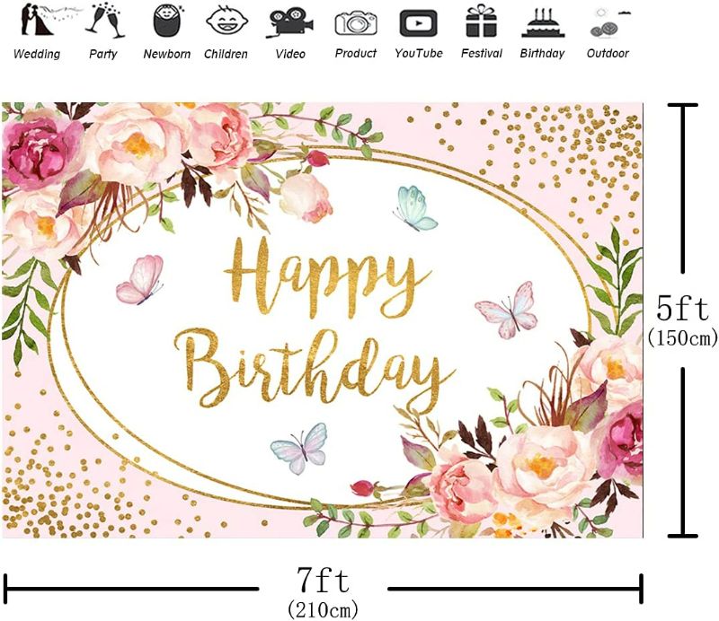 Photo 2 of Aperturee 7x5ft Pink Floral Butterfly Happy Birthday Backdrop Women Girls Watercolor Flower Golden Dots Baby Photography BackgroundParty Decoration Banner Photo Booth Studio Props Supplies Cake Table - ACTUAL DESIGN MAY VARY
