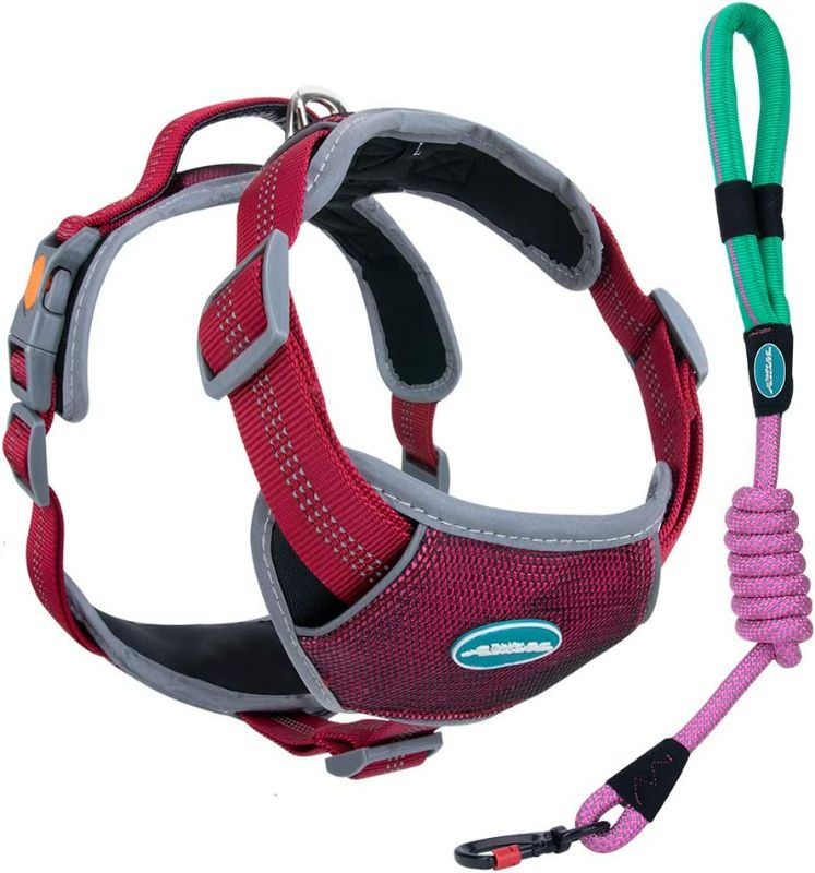 Photo 1 of ThinkPet Upgraded Comfortable Dog Harness - Full Adjustable Reflective Vest Harness with Control Handle, Neoprene Padded Dog Vest, Unique Design Outdoor Nylon Harness XL Red Harness Leash Set
