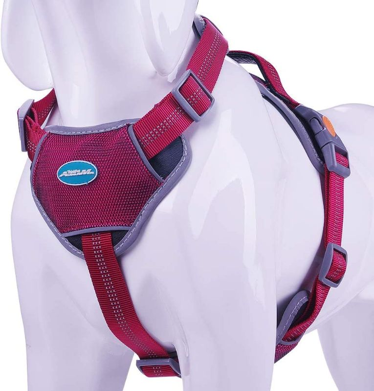 Photo 2 of ThinkPet Upgraded Comfortable Dog Harness - Full Adjustable Reflective Vest Harness with Control Handle, Neoprene Padded Dog Vest, Unique Design Outdoor Nylon Harness XL Red Harness Leash Set
