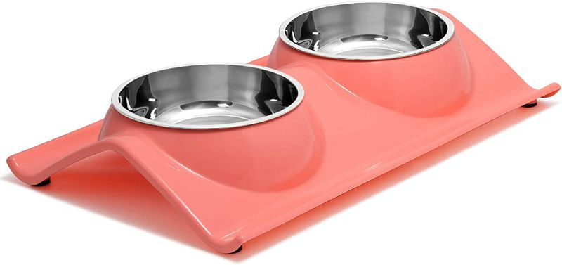 Photo 1 of UPSKY Double Dog Cat Bowls Premium Stainless Steel Pet Bowls No-Spill Resin Station, Food Water Feeder Cats Small Dogs (Rose Red)
