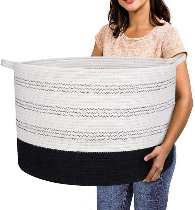 Photo 1 of R RUNKA XXXLarge Cotton Rope Basket 22" X 22"X 14" Blanket Basket for Living Room Woven Basket Soft Baby Laundry Blanket Basket Nursery Bin Toy Basket with Handle
