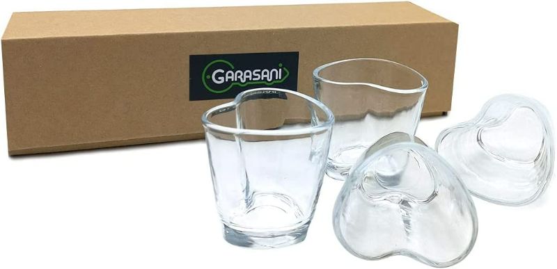 Photo 1 of GARASANI 4 Pack Korean Soju Shot Glasses Set 1.7 oz, Korean Soju, whiskey, tequila, vodka, espressos, desserts, party decorations, Clear Glass (Heart Shot Glasses)
