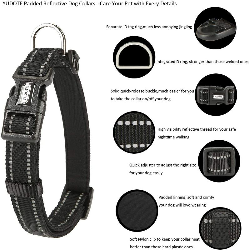 Photo 3 of YUDOTE Reflective Nylon Padded Dog Collar Adjustable Soft Pet Collars with Quick Release Buckle for Small Medium Large Dogs Black