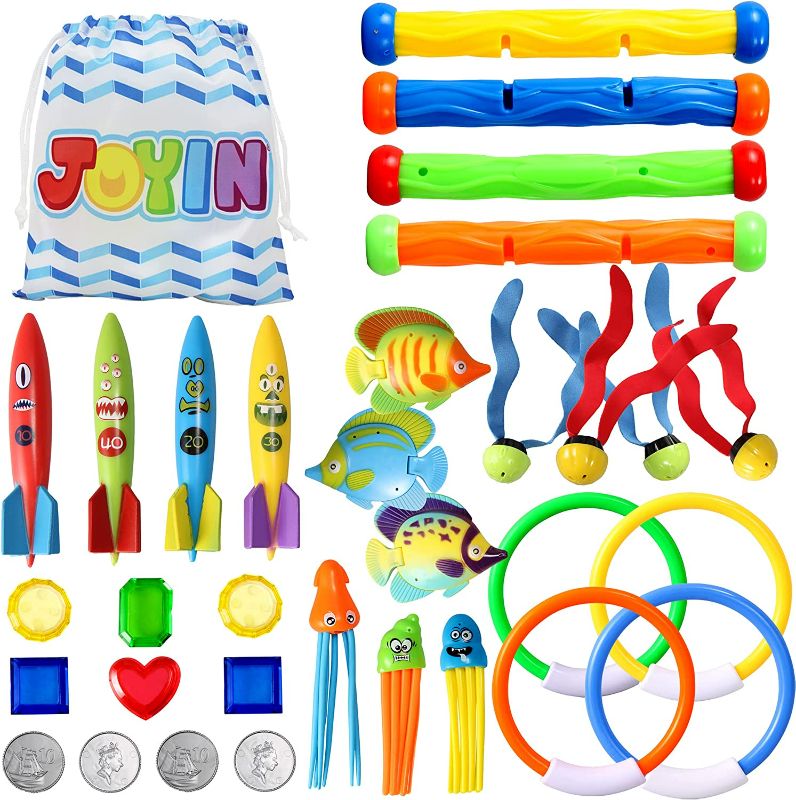 Photo 1 of 28 Pcs Diving Pool Toys Set with Bonus Storage Bag Includes Diving Rings, Diving Sticks, Toypedo Bandits , Diving Toy Jellyfish, Octopuses, Fishes & Pirate Treasures, Underwater Sinking Pool Toys for Kids - Product May Differ From Picture
