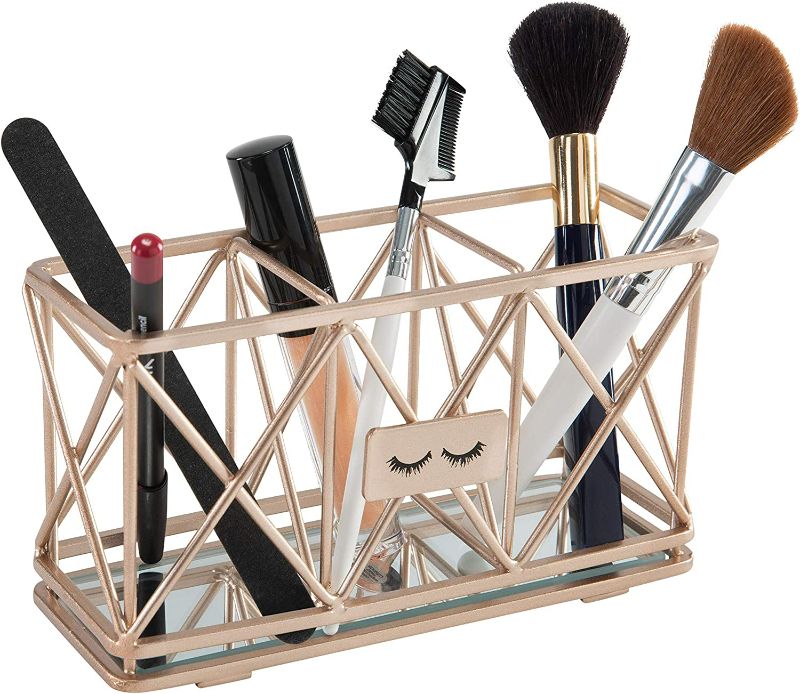 Photo 2 of Home Details Mirrored, Pencil, Vanity Organizer, for Closet, Dresser, Bathroom, Office, Stylish Decor 3 Compartment Cosmetic Brush Holder, Rose Gold