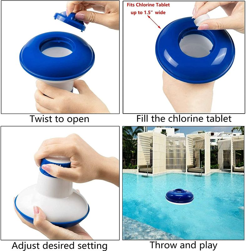 Photo 4 of BEBEKULA 7" Large Swimming Pool Cholrine Dispenser Floating Cholrine Dispense Fits 1-3" Tablets for Indoor & Outdoor Swimming Pool Spa Hot Tub and Fountain

