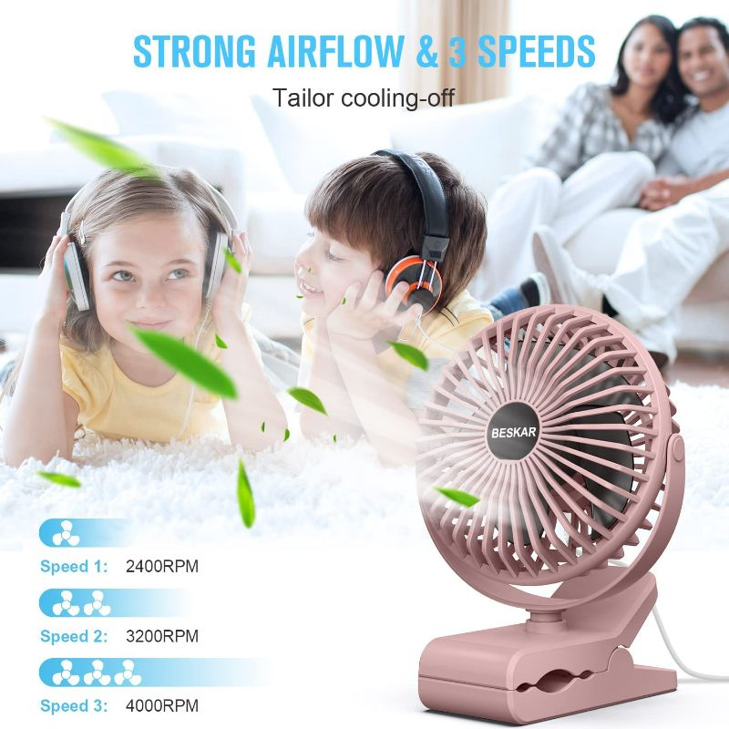 Photo 2 of BESKAR USB Clip on Fan, 6 Inch Portable Fan with Cord, 3 Speeds Strong Airflow, Small Fan with Sturdy Clamp, Quiet Personal Desk Fan & Clip Fan No Battery
