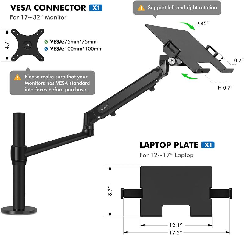 Photo 3 of Viozon Monitor/Laptop Mount, Single Gas Spring Arm Desk Stand/Holder for 17-32" Computer Monitor, Extra Laptop Tray Fits 12-17" Laptops/Notebook(1S-Prob)
