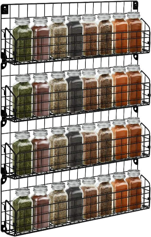 Photo 1 of Wall Mount Spice Rack Organizer, FLPLX 4 Tier Hanging Spice Shelf Storage Stackable Iron Wire Wall Spice Rack Spice Organizer Jars Storage Organizer for Storing Spices Household Items and More, Black
