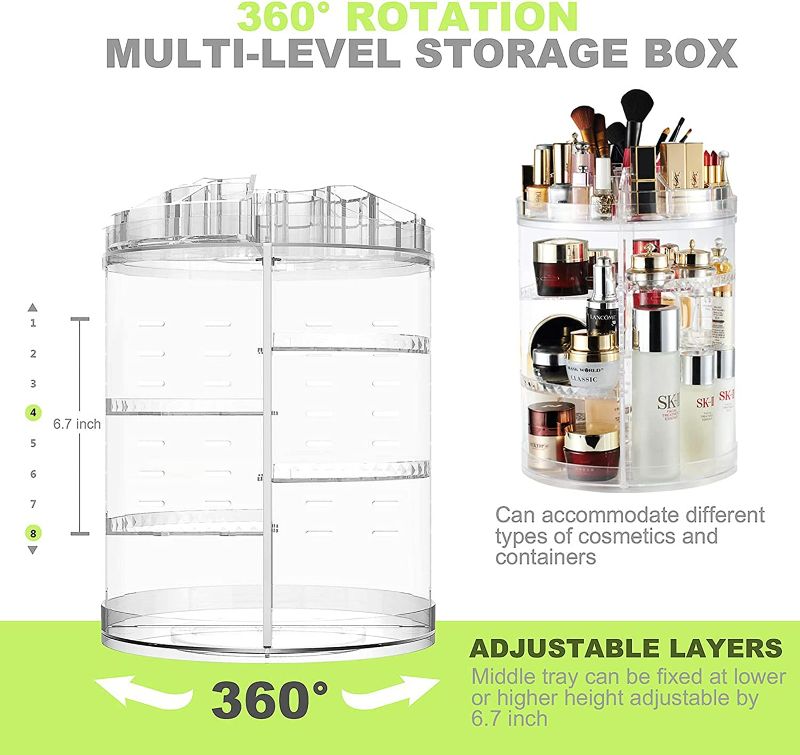 Photo 3 of AMEITECH Makeup Organizer, 360 Degree Rotating Adjustable Cosmetic Storage Display Case with 8 Layers Large Capacity, Fits Jewelry, Makeup Brushes, Lipsticks and More, Clear Transparent