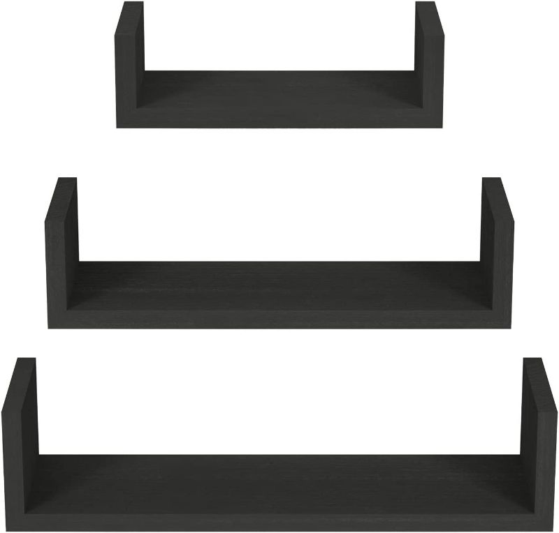 Photo 1 of 3 Tier Floating Wall Shelves - Black and Grey, Wooden Grey Rustic Look, 3 Shelf Sizes - 1 Small - 1 Medium - 1 Large - Visual of Shelves in Picture Of Instructions