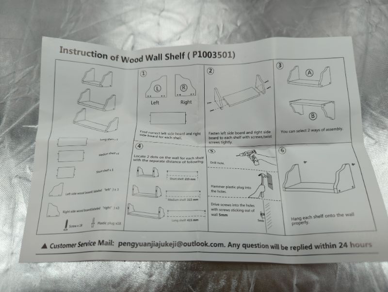 Photo 2 of 3 Tier Floating Wall Shelves - Black and Grey, Wooden Grey Rustic Look, 3 Shelf Sizes - 1 Small - 1 Medium - 1 Large - Visual of Shelves in Picture Of Instructions