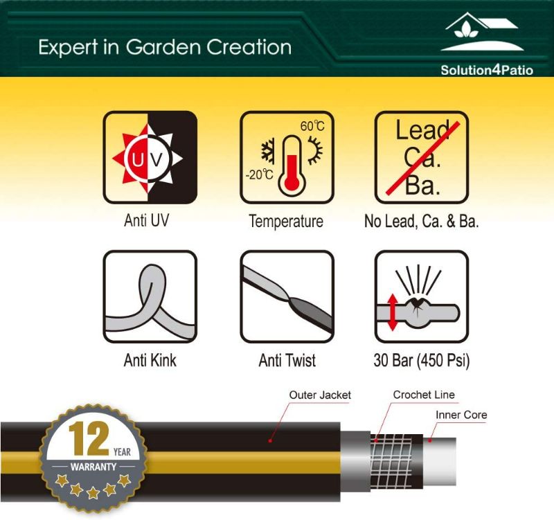 Photo 3 of Solution4Patio Homes Garden Hose No Kink 5/8 in. x 25 ft. Black Water Hose, No Leaking, Heavy Duty, High Water Pressure, Male/Female Brass Fittings 12 Year Warranty #H155B10-US

