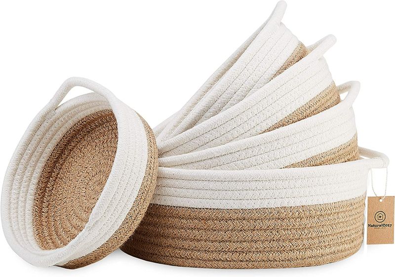 Photo 1 of NaturalCozy 5-Piece Round Small Woven Baskets Set - 100% Natural Cotton Rope Baskets! Key Tray, Kids Montessori Toys, Bowl for Entryway, Jewelry Remote Fruits Desk Home Decor Shallow Catchall Baskets
