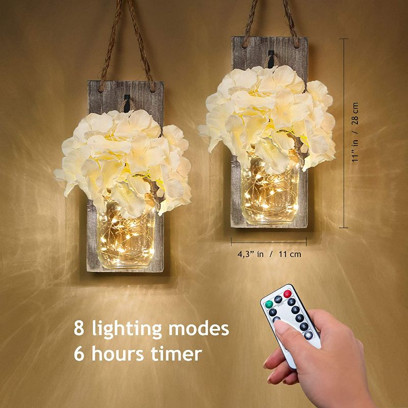 Photo 2 of RS Sunlight Mason Jar Wall Sconce with String LED Lights (Set of 2) - Farmhouse Wall Decor Fairy Lights - Rustic, Shabby Chic - Gift Idea - Two Remote Controls and Four Stems of Hydrangea
