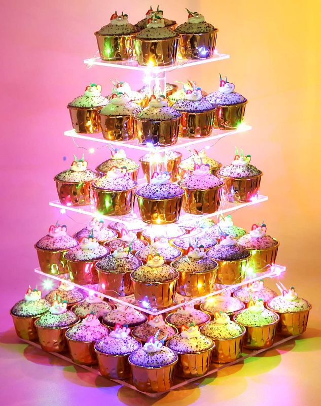 Photo 1 of Vdomus 5 Tier Acrylic Cupcake Display Stand with LED String Lights, Pastry Stand Dessert Tree Tower Cupcake Stand for Birthday/Wedding Party or Celebrations, Multicolour
