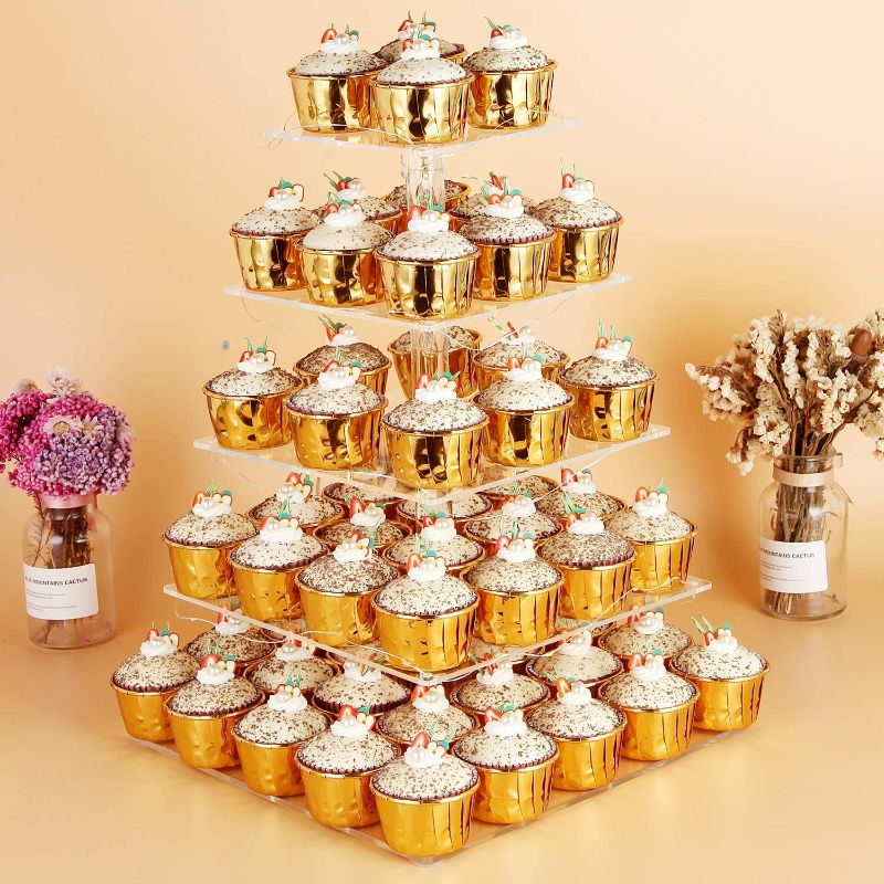 Photo 3 of Vdomus 5 Tier Acrylic Cupcake Display Stand with LED String Lights, Pastry Stand Dessert Tree Tower Cupcake Stand for Birthday/Wedding Party or Celebrations, Multicolour
