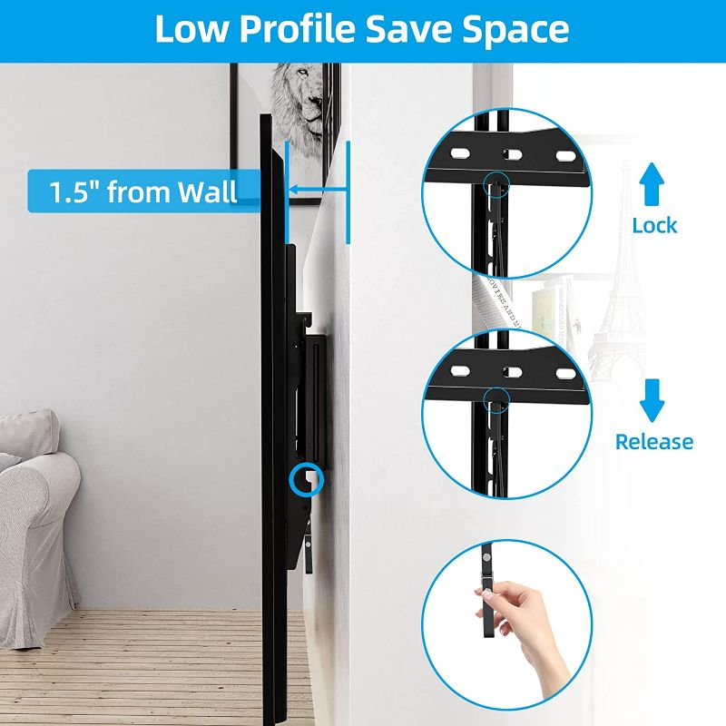 Photo 3 of HOME VISION Tilt TV Wall Mount for Most 32-75 Inch TVs Universal Low Profile Fixed TV Bracket Max VESA 600x400mm Holds up to 165lb Wall Stand Fit 16”-18”-24” Studs Quick Release Lock TV Mount
