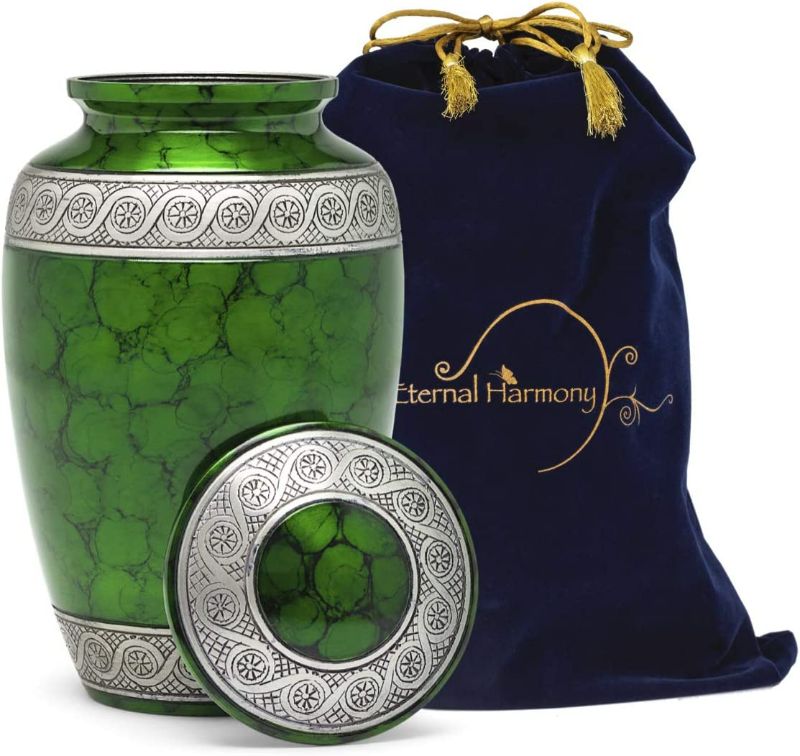 Photo 1 of Eternal Harmony Cremation Urn for Human Ashes | Memorial Urn Carefully Handcrafted with Elegant Finishes to Honor and Remember Your Loved One | Adult Urn Large Size with Beautiful Velvet Bag (Green)
