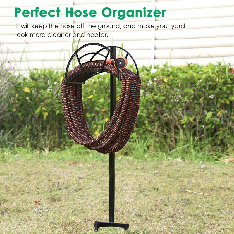 Photo 3 of TomCare Garden Hose Holder Upgraded Detachable Water Hose Holder Thick Metal Hose Hanger Heavy Duty Free Standing Garden Hose Storage Hose Stand Decorative Hose Organizer for Outside Yard, Black
