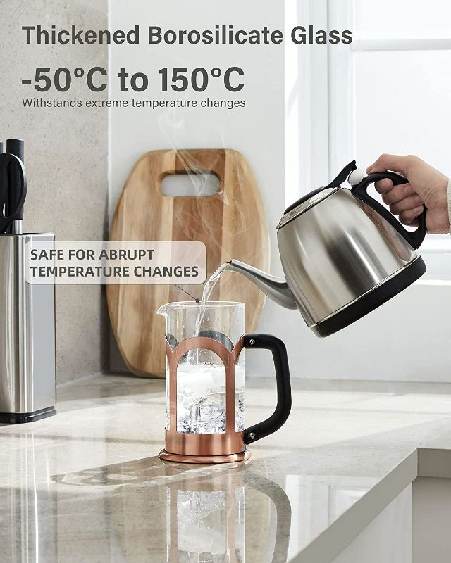 Photo 2 of Veken French Press Coffee & Tea Maker, 304 Stainless Steel Heat Resistant Borosilicate Glass Coffee Press, Durable Easy Clean 100% BPA Free, 21oz, Copper
