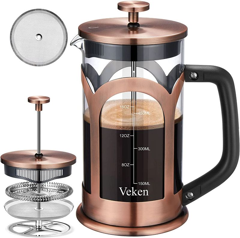 Photo 1 of Veken French Press Coffee & Tea Maker, 304 Stainless Steel Heat Resistant Borosilicate Glass Coffee Press, Durable Easy Clean 100% BPA Free, 21oz, Copper
