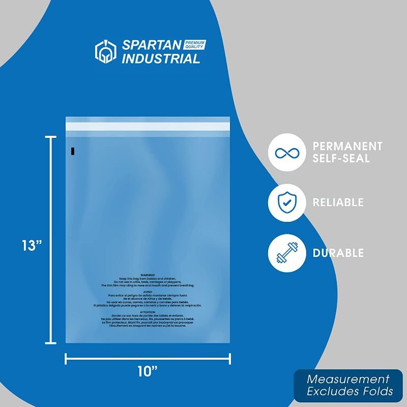 Photo 2 of Spartan Industrial - 10" X 13" (1000 Count) Self Seal Clear Poly Bags with Suffocation Warning for Packaging, T Shirts & FBA - Permanent Adhesive
