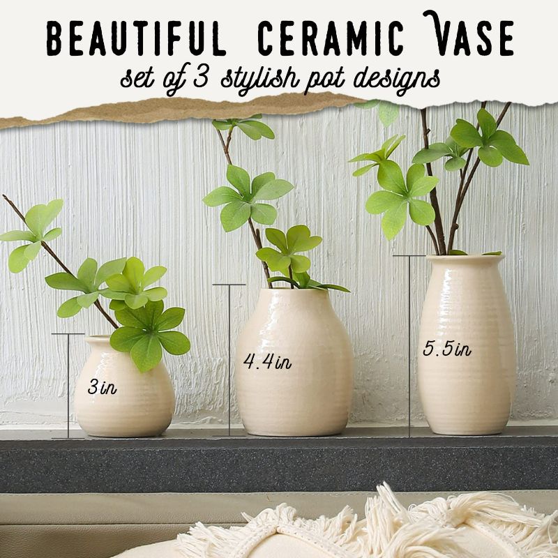 Photo 4 of White Vases for Decor - Rustic Home Decor, Modern Farmhouse Decorations - Ceramic Vase for Fireplace Decor - Vases for Flowers, Rustic Decor for Living Room - Farmhouse Decor for The Home, Set of 3
