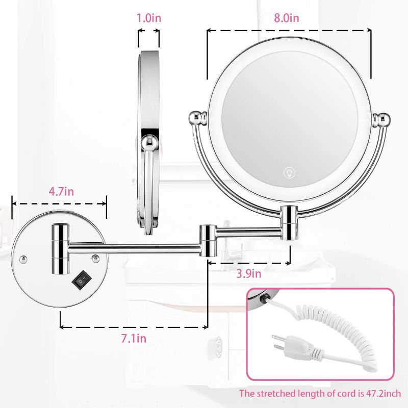 Photo 2 of AMZNEVO Wall Mounted Lighted Makeup Mirror, 8 Inch Double-Sided 1X 5X Magnifying Mirror for Bathroom, 11'' Extendable Arm, 360° Swivel, Touch DimmableLED Lights, Powered by Plug in, Chrome
