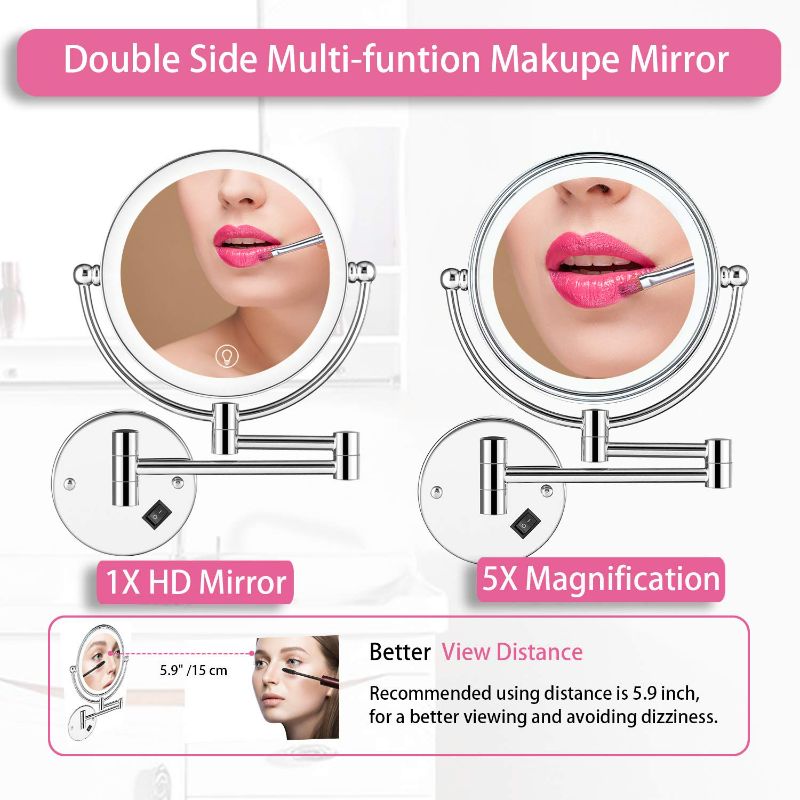 Photo 4 of AMZNEVO Wall Mounted Lighted Makeup Mirror, 8 Inch Double-Sided 1X 5X Magnifying Mirror for Bathroom, 11'' Extendable Arm, 360° Swivel, Touch DimmableLED Lights, Powered by Plug in, Chrome
