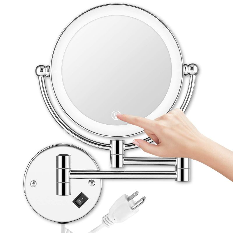 Photo 1 of AMZNEVO Wall Mounted Lighted Makeup Mirror, 8 Inch Double-Sided 1X 5X Magnifying Mirror for Bathroom, 11'' Extendable Arm, 360° Swivel, Touch DimmableLED Lights, Powered by Plug in, Chrome
