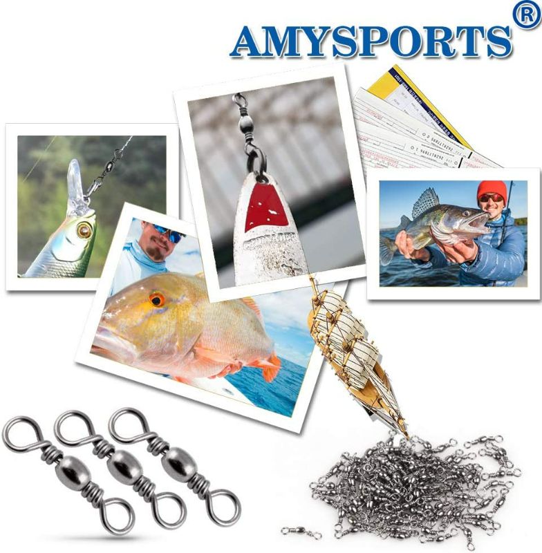 Photo 3 of AMYSPORTS High Strength Fishing Swivels Barrel Solid Ring Barrel Fishing Swivel Rolling Fishing Tackle Line Connector Saltwater Freshwater Stainless Steel Accessories 10#/100pcs
