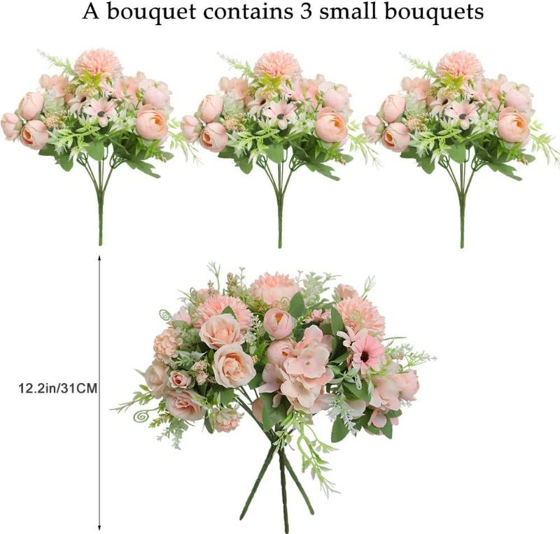 Photo 3 of Nubry 3pcs Artificial Flowers Bouquet Fake Peony Silk Hydrangea Wildflowers Arrangements with Stems for Wedding Home Centerpieces Decor (Light Pink)
