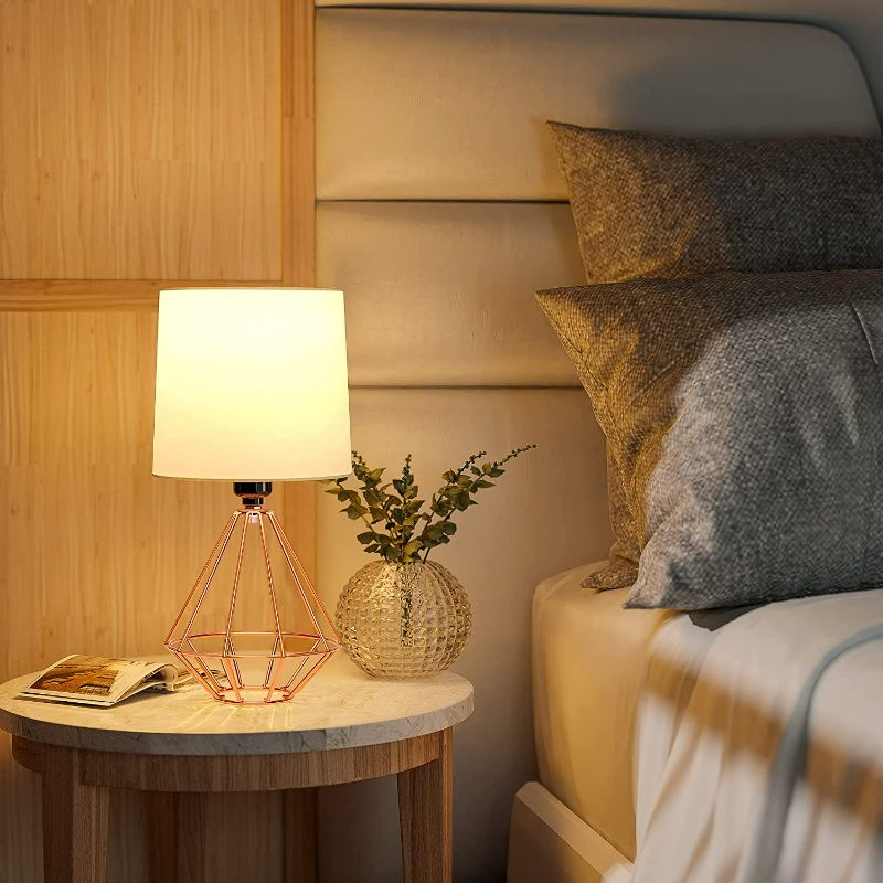 Photo 1 of GGOYING Set of 2 Table Lamp, Bedside Lamp with Simple Rose Gold Metal Base, Fabric Shade for Nightstand Bedroom Living Room Office Working Reading (Bulb not Included)
