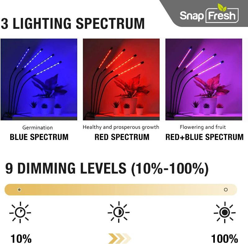 Photo 2 of SnapFresh Grow Light for Indoor Plants 4 Head LED Grow Light 360°Gooseneck Growing Lamp Strip w/ 3 Modes 9 Dimmable Brightness 3/9/12 H Timer, Red Blue White Floor Grow Lamp for Weed Plants
