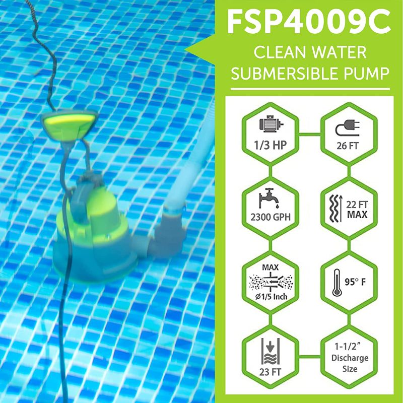Photo 3 of FLUENTPOWER 1/3HP Utility Pump 2300GPH Submersible Sump Pump, Drain Clean Water for Basement Flood Cellar Pool Pond Garden and Hot Tub, Automatic/Manual Operation by Float Switch, ORANGE and Grey
